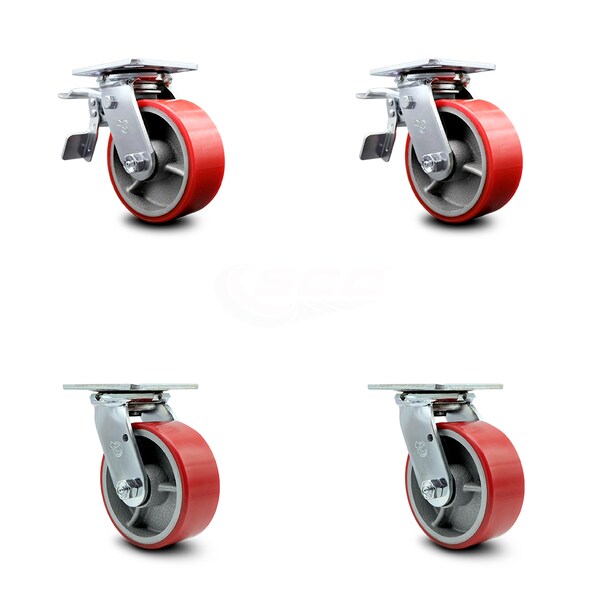 5 Inch Red Poly on Steel Caster Set with Roller Bearing 2 Total Lock Brake SCC